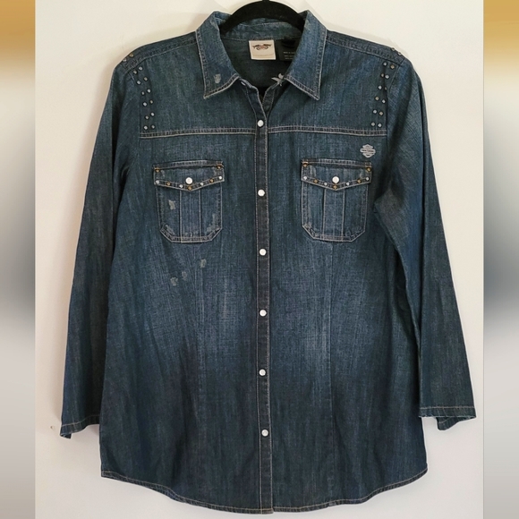 Harley-Davidson Tops - Harley Davidson Logo Embroidered Studded Denim Shirt Pearl Snap Roll Tab Sleeve